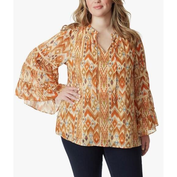 Jessica Simpson Tribal Print Flare Bell Sleeves Boho Ruffles Blouse Size 2X - Picture 1 of 16